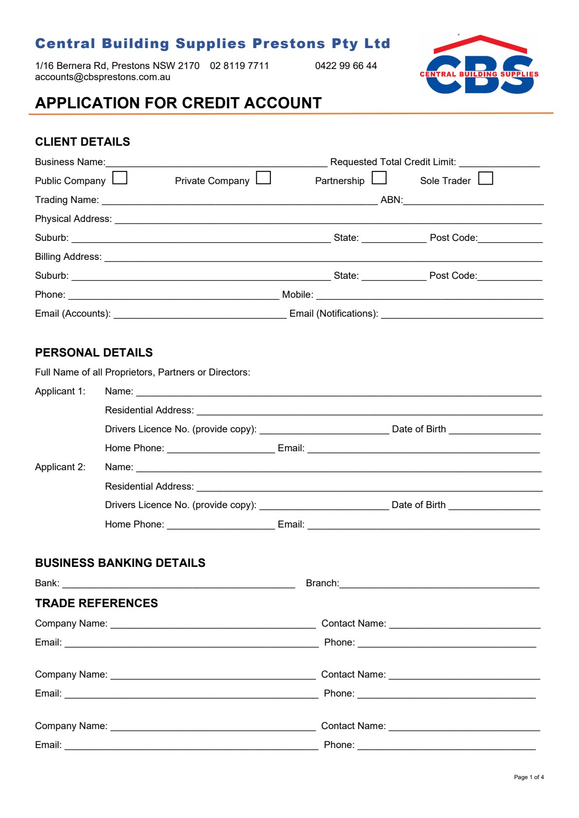 CBS 30-Day Credit Application