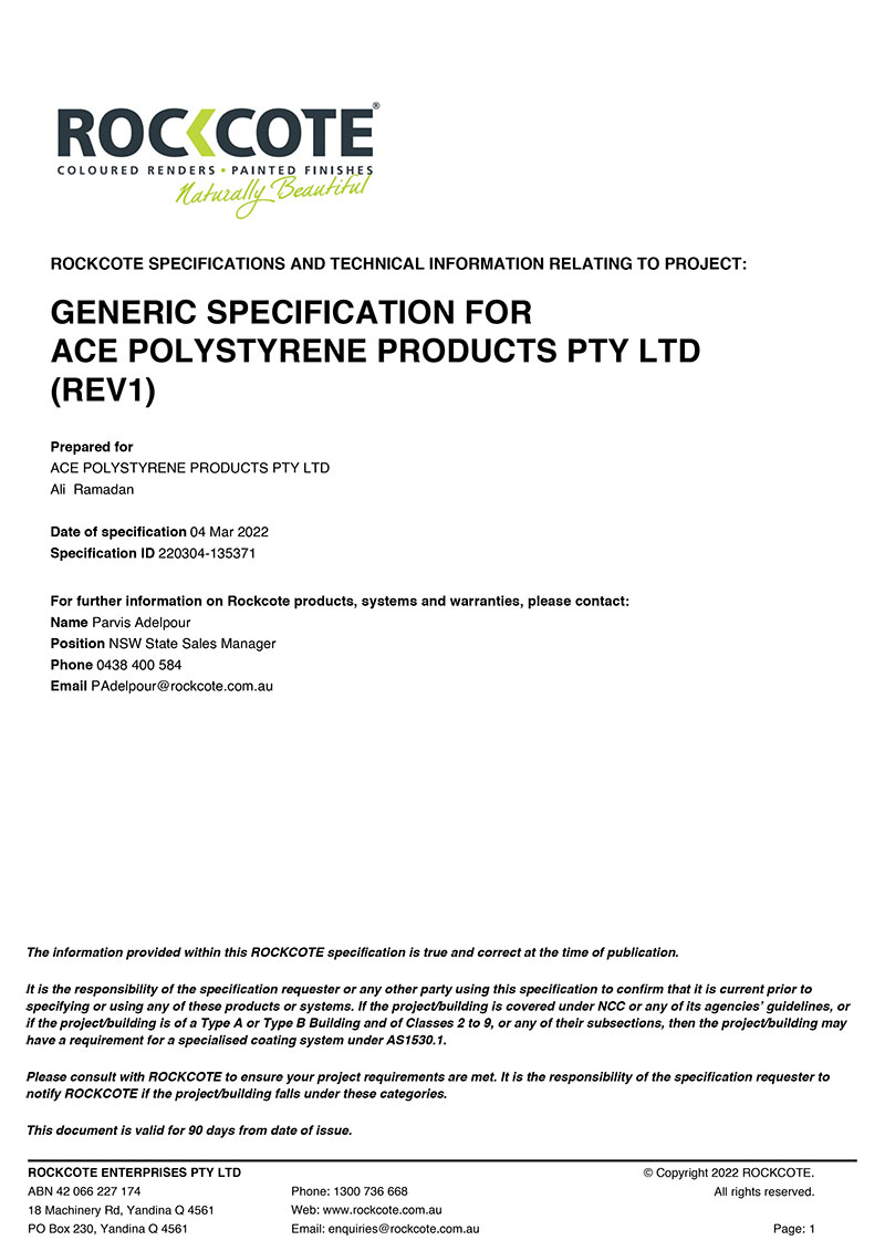 Rockcote Specification for ACE Panels